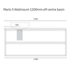 Marquis Marlo wall-hung vanity technical drawing with 1200mm off-centre basin and dimensions marked
