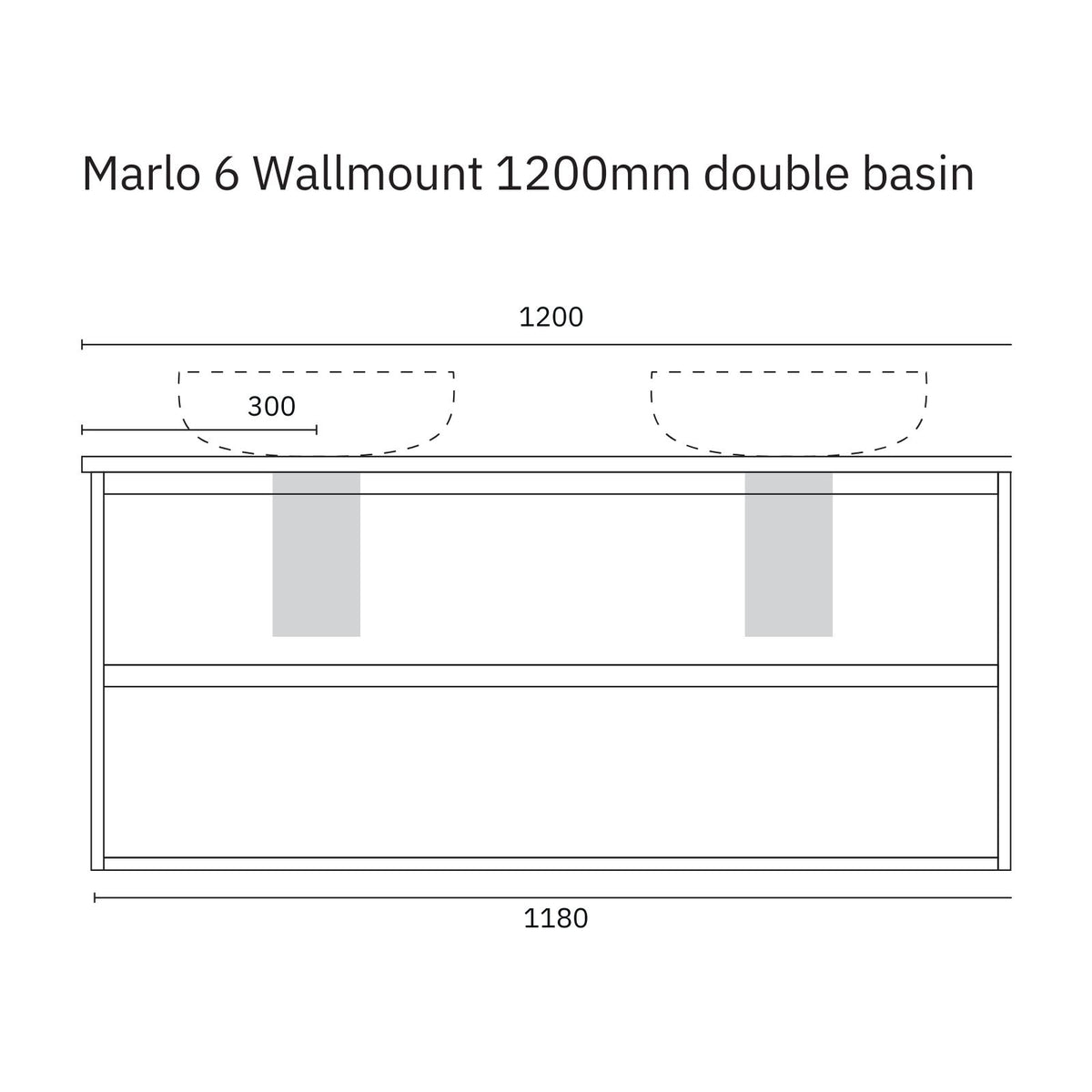 Marquis Marlo wall-hung vanity technical drawing, 1200mm double basin, 2 drawers, with dimensions shown
