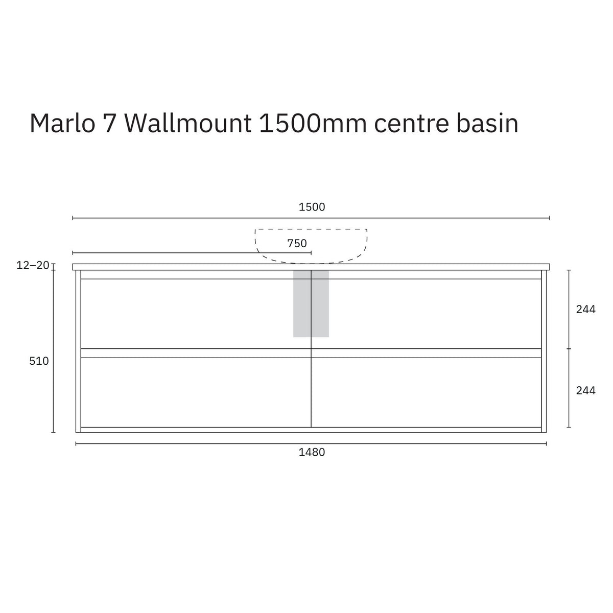 Marquis Marlo wall-hung vanity technical drawing, 1500mm centre basin, front view with dimensions