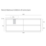Marquis Marlo 1500mm wall-hung vanity technical drawing with off-centre basin, two drawers and dimensions displayed