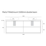 Marquis Marlo 1500mm wall-hung double basin vanity technical drawing, front view, with dimensions and dual basins