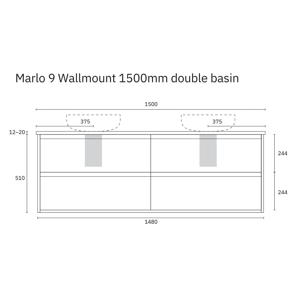 Marquis Marlo 1500mm wall-hung double basin vanity technical drawing, front view, with dimensions and dual basins