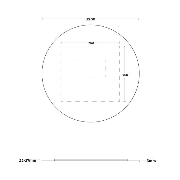 Marquis Orbit round mirror technical drawing with 1200mm diameter and 6mm depth, showing 25mm profile in white/grey linework