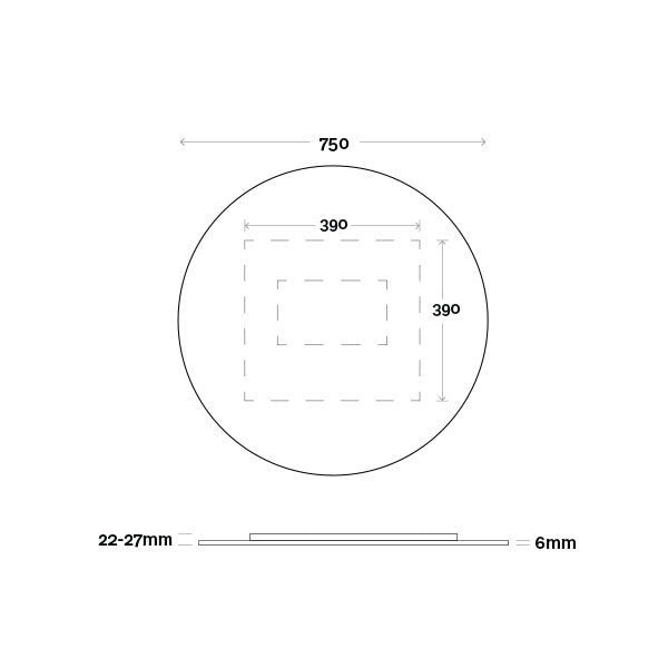 Marquis Orbit round mirror technical drawing, 750mm diameter, with 25mm depth and 6mm profile shown