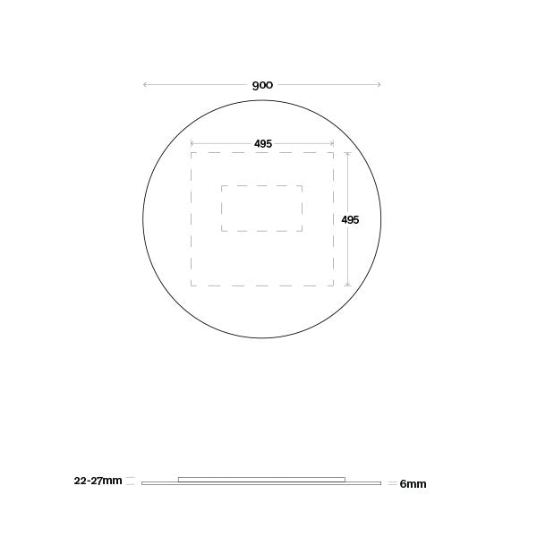 Marquis Orbit round mirror technical drawing, 900mm diameter, with 25mm depth and dimensions marked in mm