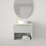 Marquis Oxford wall hung ensuite vanity in pale green with white top, brass handle and open shelf under basin on tiled wall