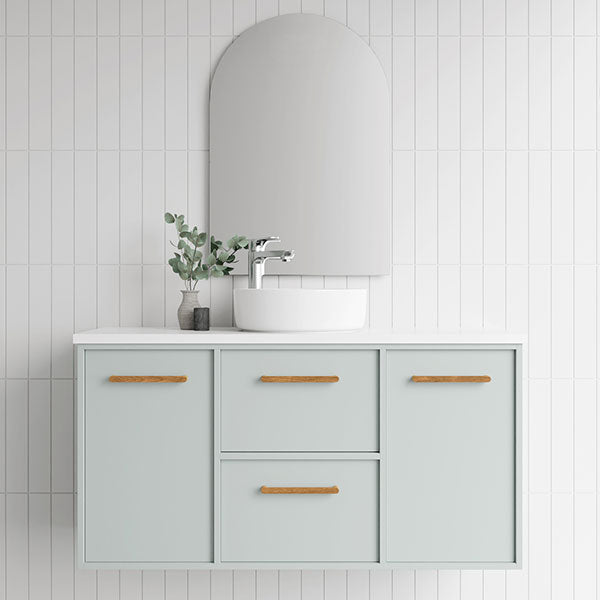Marquis Palm wall hung vanity in pale grey with timber handles, white benchtop and above-counter basin, front view