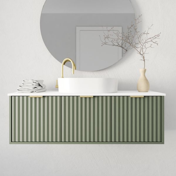 Marquis Peak wall hung vanity in green woodgrain finish with white benchtop and round basin, front view
