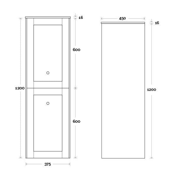 Marquis Pier Tallboy technical drawing, wall hung bathroom storage cabinet, 375 x 450 x 1200mm, front and side view