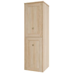 Marquis Pier wall-hung tallboy in light oak timber grain, with two cabinet doors and round brass knobs, shown front on with side view