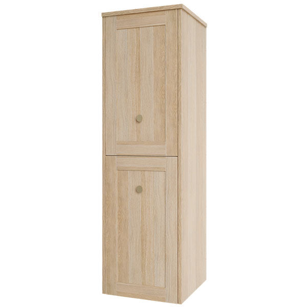 Marquis Pier wall-hung tallboy in light oak timber grain, with two cabinet doors and round brass knobs, shown front on with side view