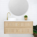 Marquis Pier wall hung vanity in natural oak with white top, round basin and brushed brass tapware, front view