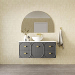 Marquis Port wall hung vanity, grey woodgrain finish with white solid surface top, above counter basin and brass handles in bathroom setting
