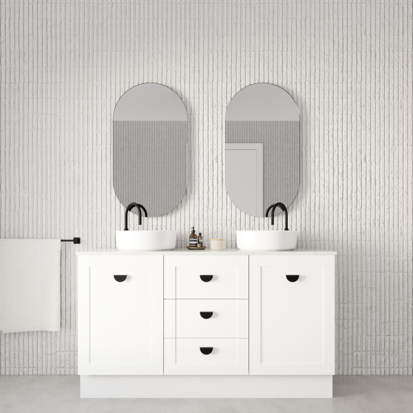Marquis Provincial floor standing vanity in white gloss, with shaker-style doors, drawers and twin basins in a bathroom setting