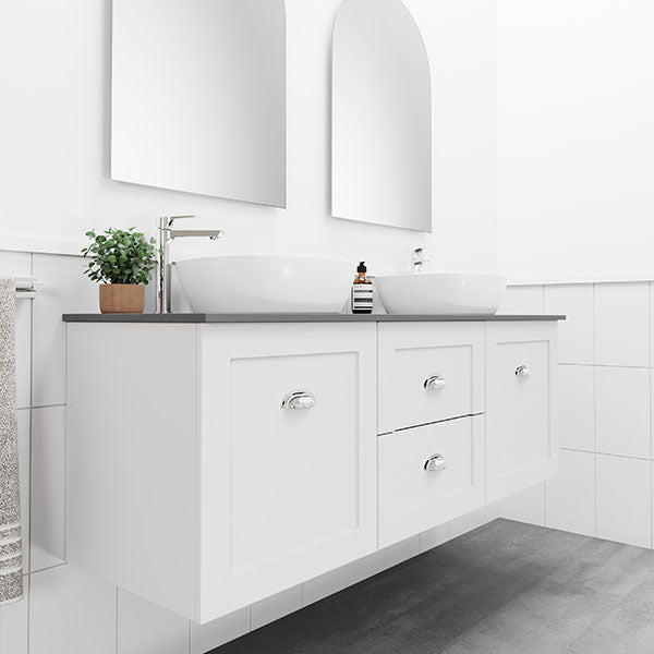 Marquis Provincial white wall hung vanity with shaker-style doors, grey benchtop and twin white basins in a modern bathroom