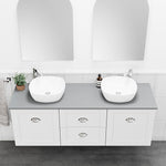 Marquis Provincial wall hung vanity in white matte with grey top, shaker-style doors, drawers and twin oval basins in bathroom setting
