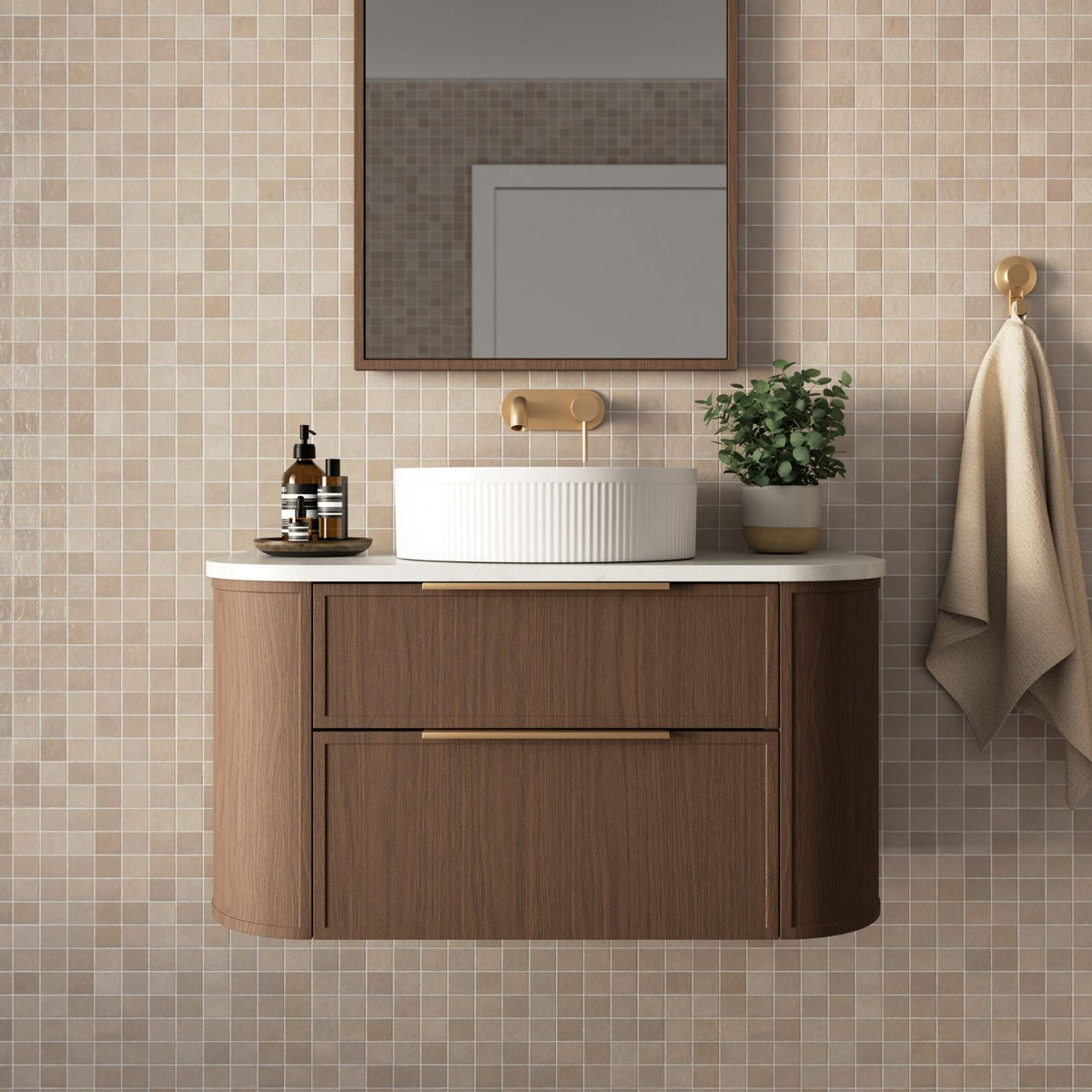 Marquis Reef wall hung vanity in woodgrain finish with white Symphony top, round basin and brushed brass handle