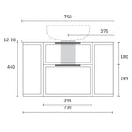 Marquis Reef 750mm wall hung vanity technical drawing with top, two drawers and offset basin cut-out dimensions