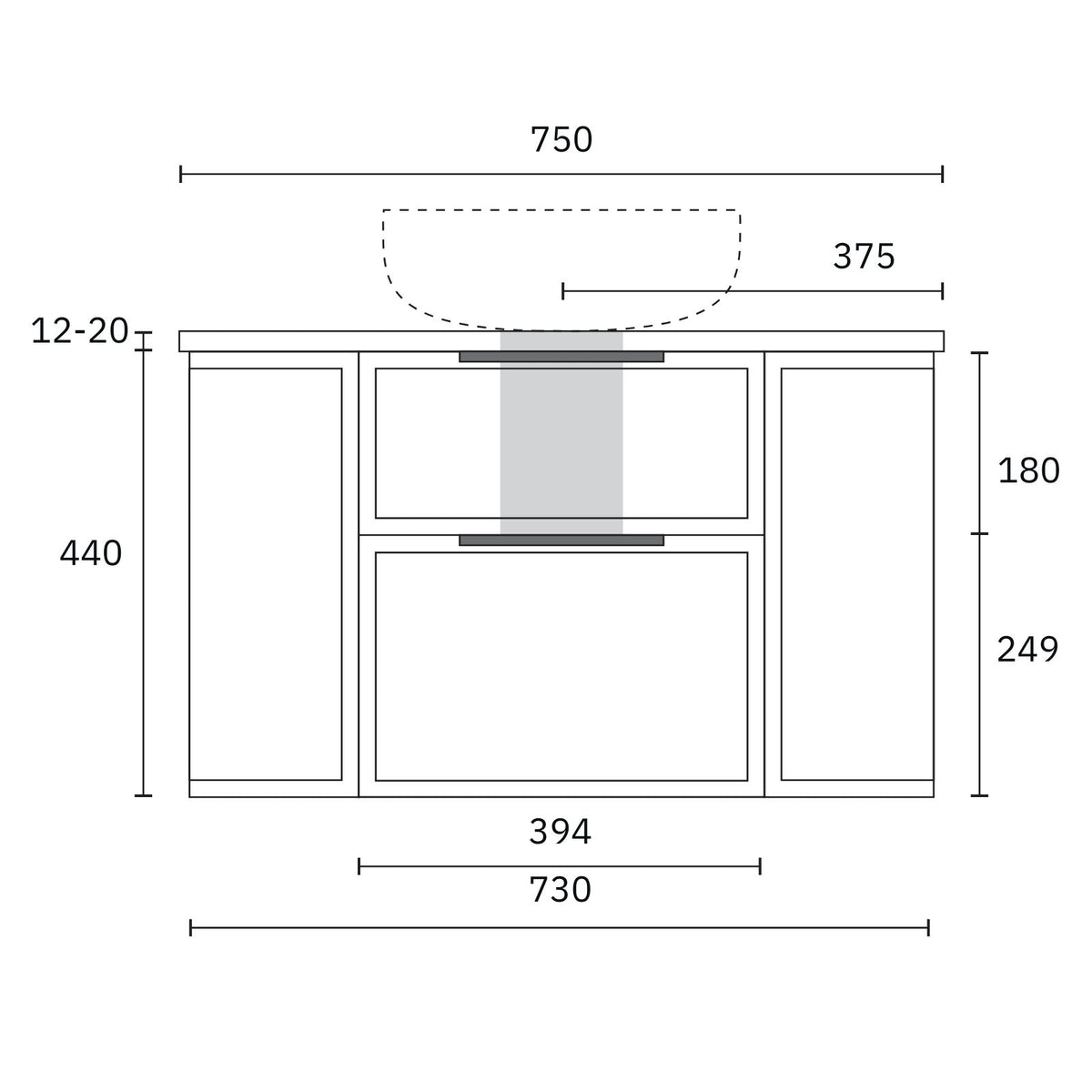 Marquis Reef 750mm wall hung vanity technical drawing with top, two drawers and offset basin cut-out dimensions