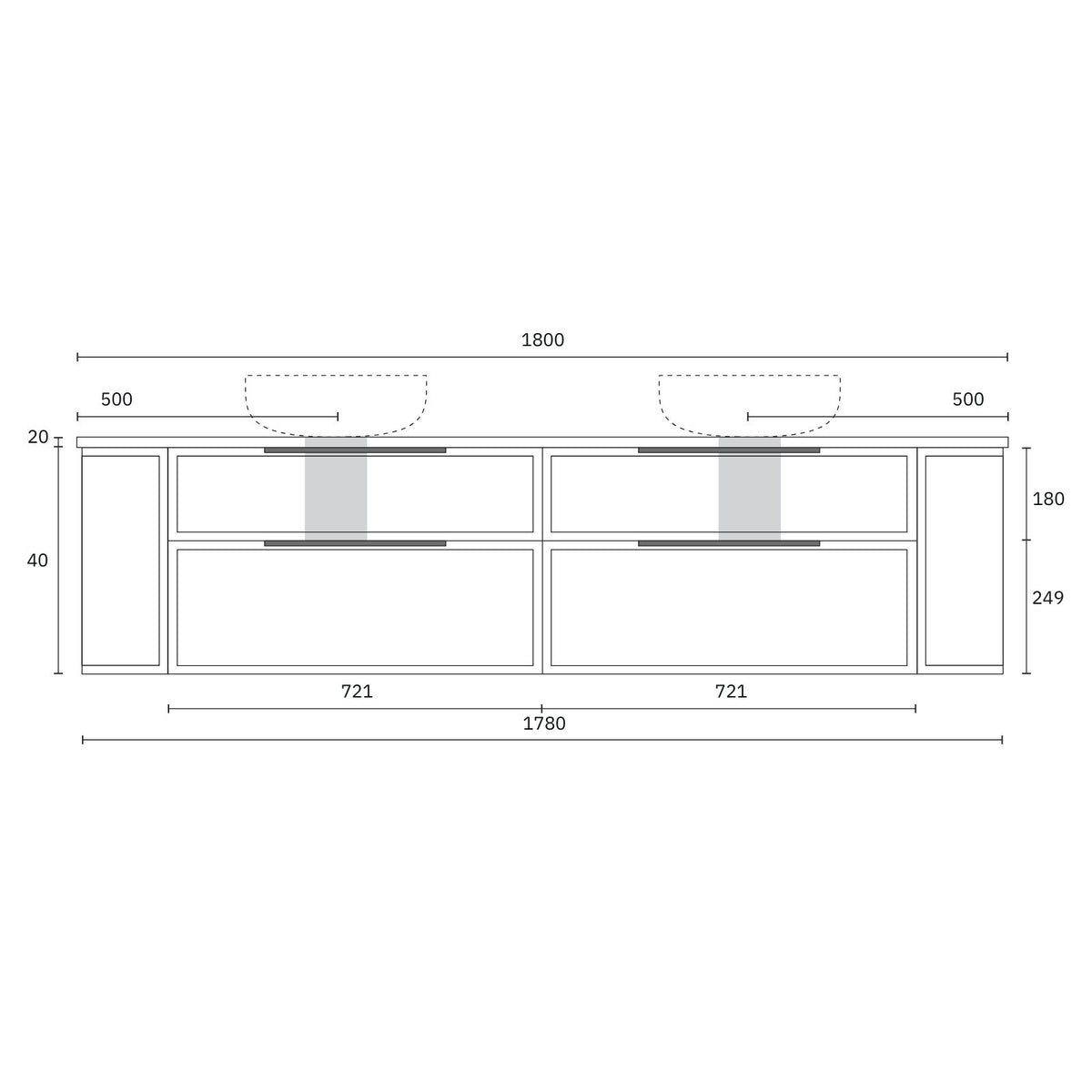 Marquis Reef 1800mm wall hung vanity technical drawing with Symphony top and 2-drawer cabinet dimensions