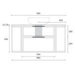 Marquis Reef 900mm wall hung vanity technical drawing with Symphony top, 2 drawers and measurements in mm
