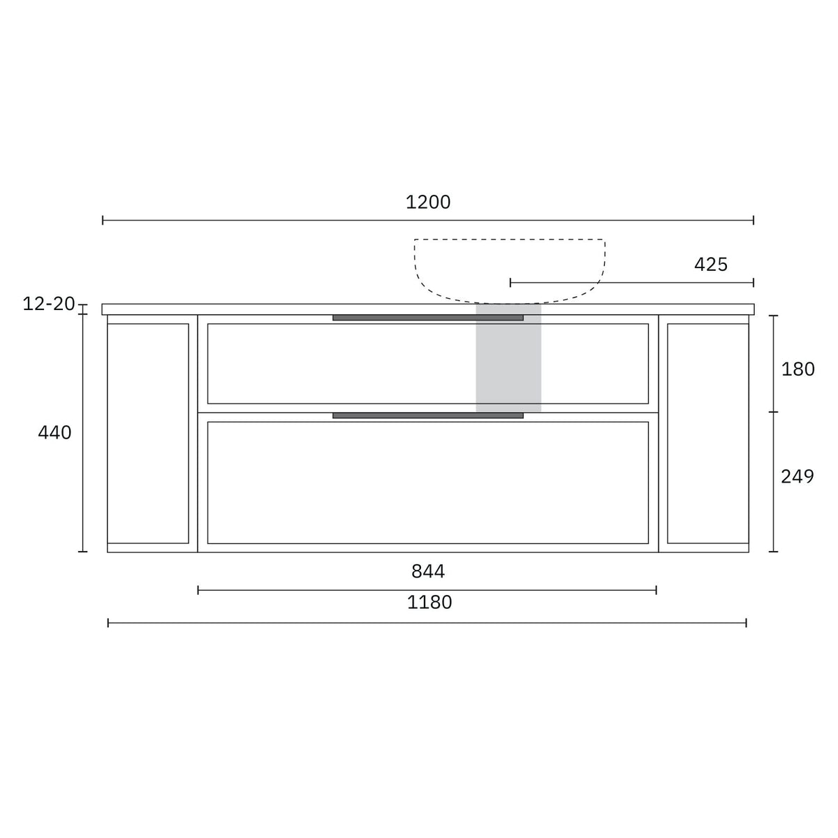 Technical drawing of a Marquis Reef wall hung vanity with Symphony top, showing 1200mm width and offset bowl dimensions.