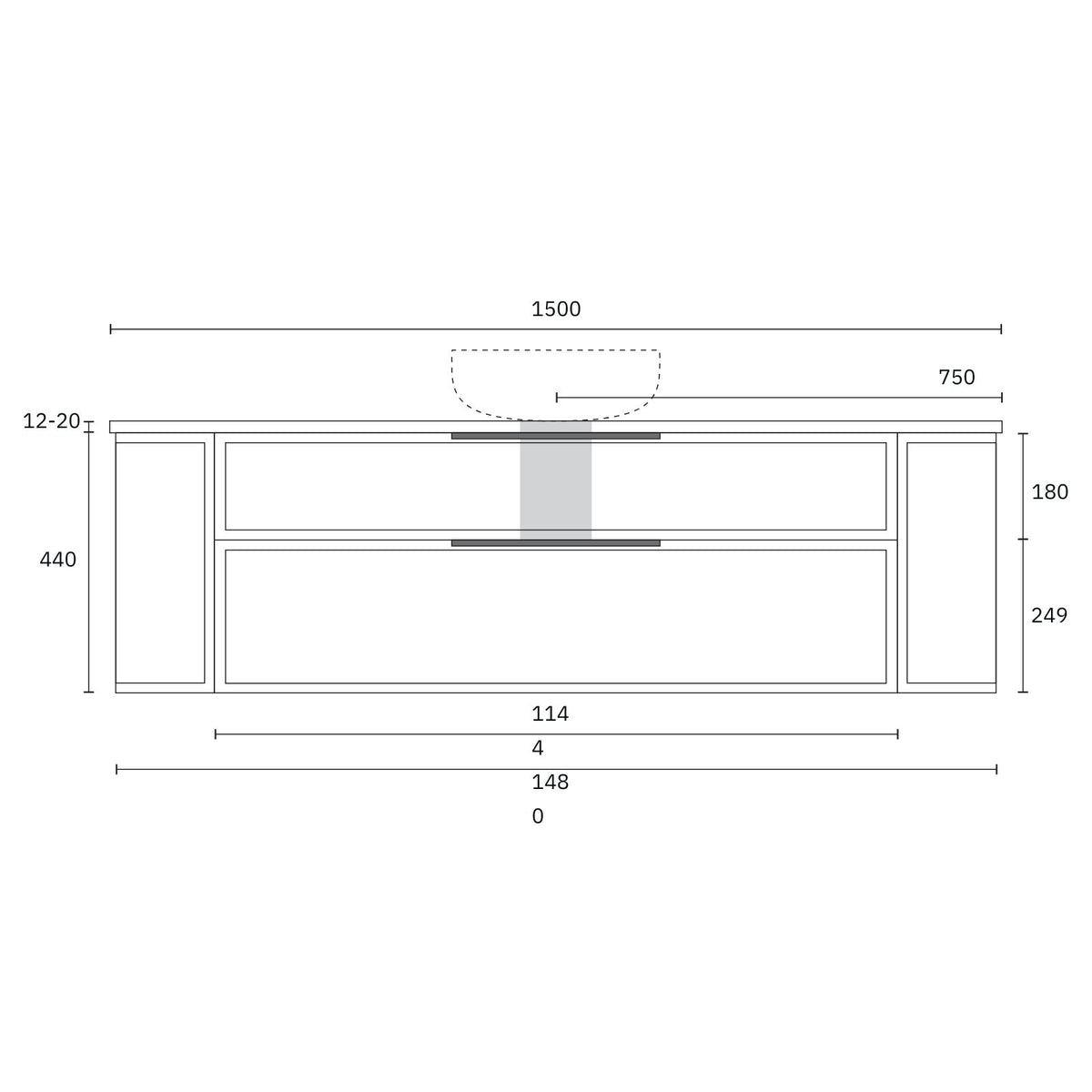 Marquis Reef 1500mm wall hung vanity technical drawing with Symphony top, 2 drawers and basin cut-out dimensions