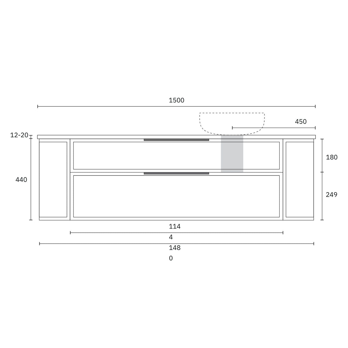 Marquis Reef 1500mm wall hung vanity technical drawing with 2 drawers and Symphony top, front view, dimensions marked