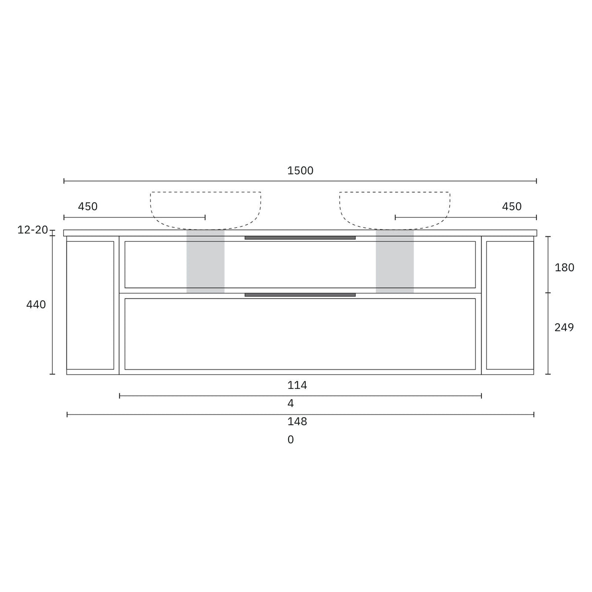 Marquis Reef 1500mm wall hung vanity technical drawing with two drawers and Symphony top dimensions shown