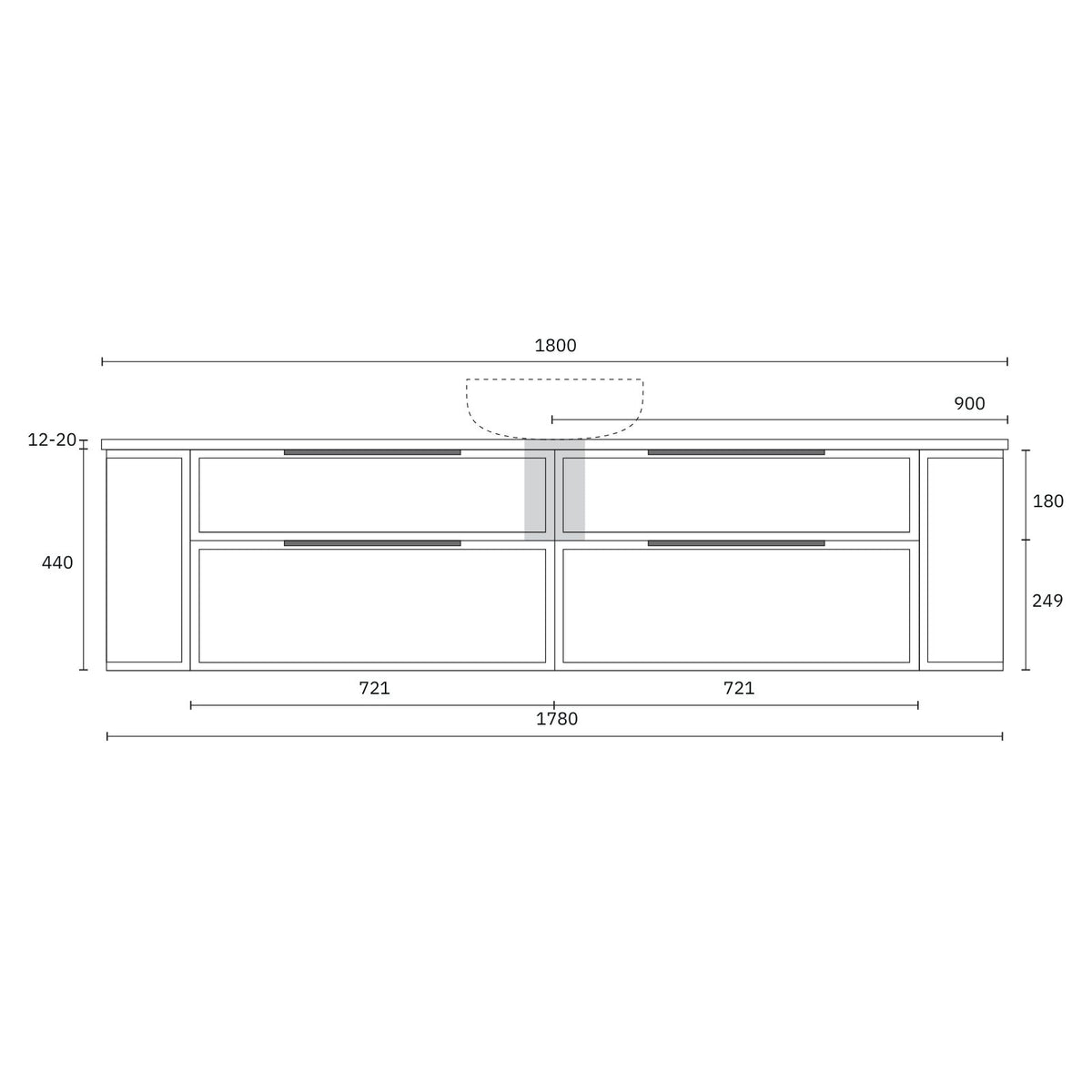 Marquis Reef wall hung vanity technical drawing, 1800mm wide, two-drawer cabinet with Symphony top and basin cut-out