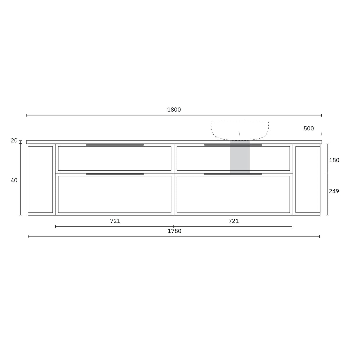 Marquis Reef 1800mm wall hung vanity technical drawing with Symphony top, two drawers and basin cut-out dimensions
