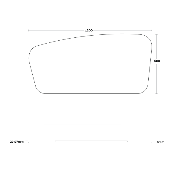 Marquis Solar Mirror technical drawing, rounded rectangular shape, 1200 x 600mm, 6mm side view dimensions