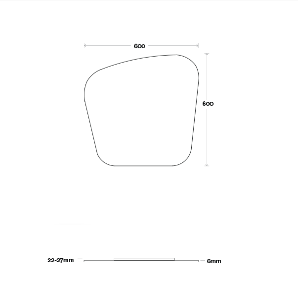 Marquis Solar mirror technical drawing, round 600mm wall mirror with soft curved edges, 6mm profile