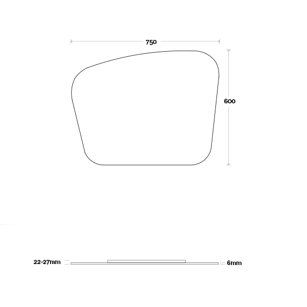 Marquis Solar mirror technical drawing, round form with soft curved edges, showing 750 x 600mm dimensions and 6mm depth