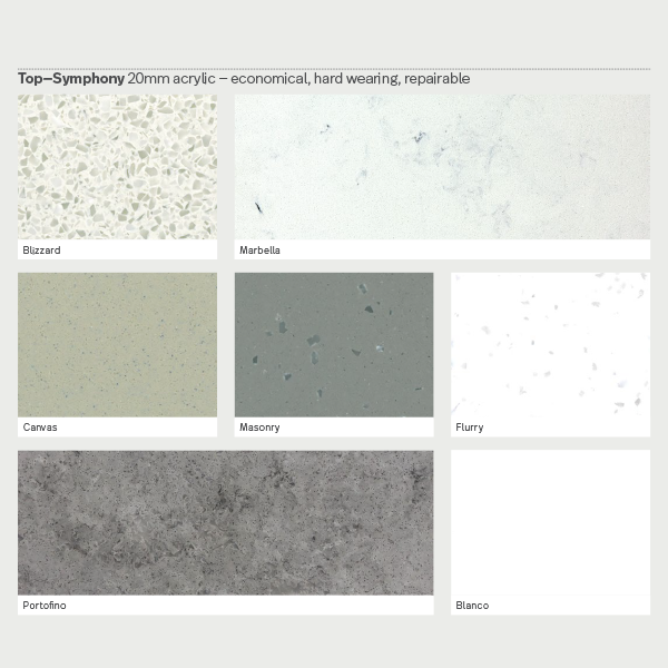 Symphony 20mm acrylic benchtop colour swatches for Marquis Cove wall hung vanity, with Blizzard, Marbella, Canvas, Masonry, Flurry, Portofino and Blanco