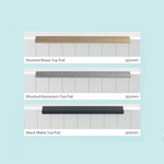 Marquis Cove vanity handle options in brushed brass, brushed aluminium and black matte, shown on fluted white cabinetry