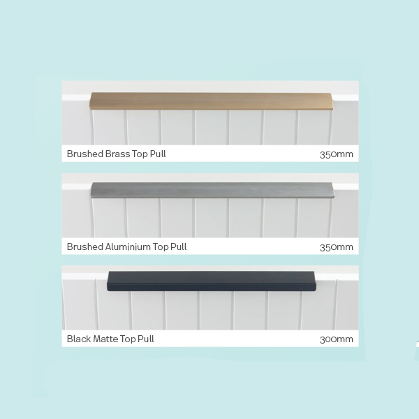 Marquis Cove vanity handle options in brushed brass, brushed aluminium and black matte, shown on fluted white cabinetry