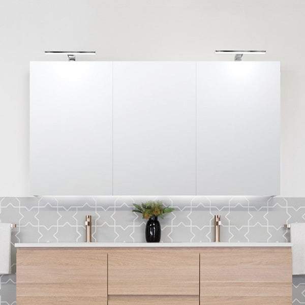 ADP Moonlight rectangular shaving cabinet with LED lights above a bathroom vanity, shown in white finish