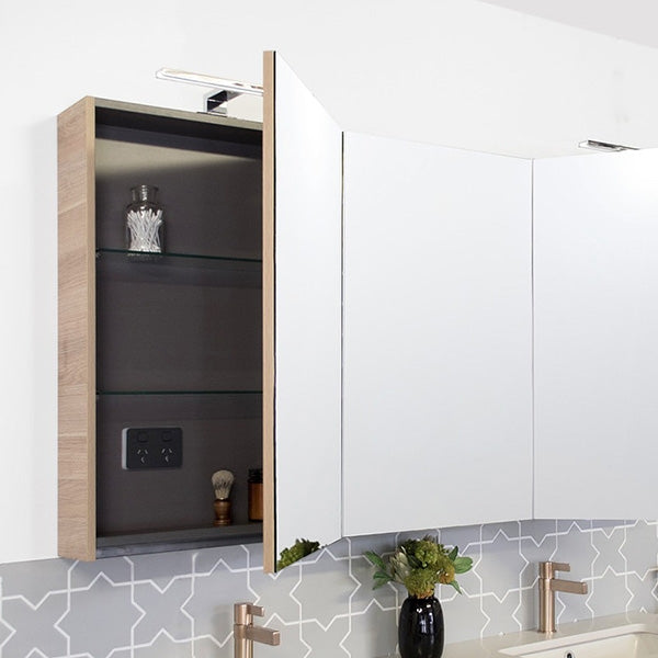ADP Moonlight shaving cabinet with LED, open mirrored door, natural oak finish and dark graphite interior, wall-mounted above basin