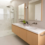 Caroma Urbane II brushed nickel twin shower installed in a modern bathroom, with round overhead shower and rail handset