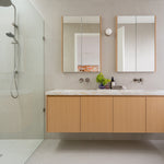 Caroma Urbane II brushed nickel twin rail shower with round overhead and hand shower in a modern bathroom display