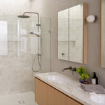 Caroma Urbane II brushed nickel twin rail shower with round overhead rose in a modern bathroom setting