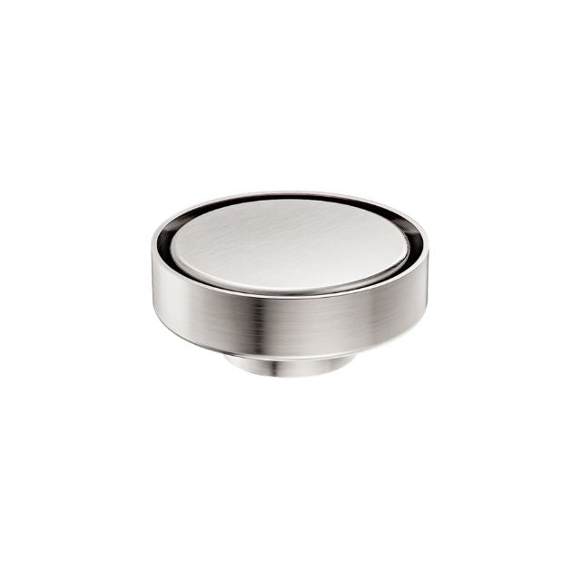 Nero round tile insert floor waste in brushed nickel, 100mm top with 50mm outlet, shown front on white background