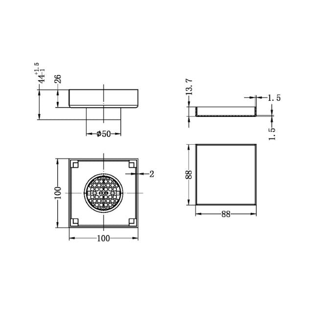 Technical drawing of Nero 100mm square tile insert floor waste, showing 50mm outlet and 88mm insert dimensions in brushed bronze.