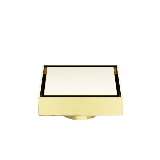 Nero 100mm square tile insert floor waste in brushed gold, front view on white background