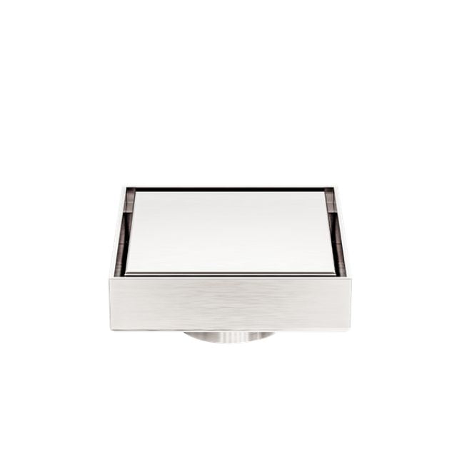 Nero square tile insert floor waste, brushed nickel finish, front view on white background