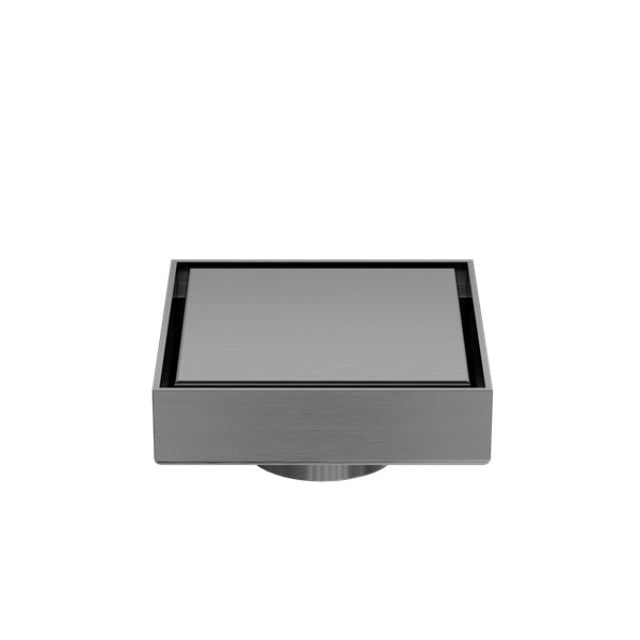 Nero square tile insert floor waste, gun metal finish, front view with 50mm outlet