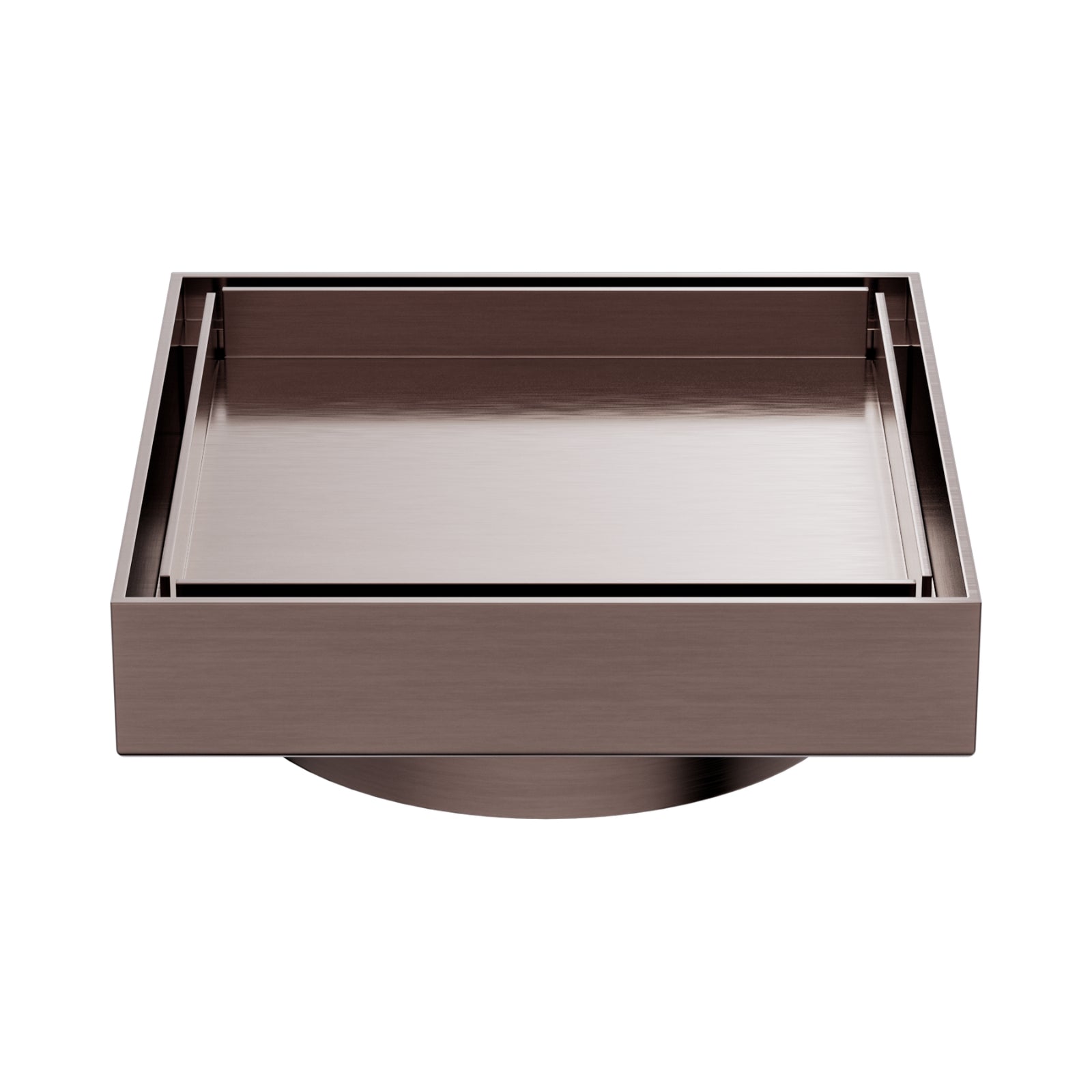 Nero square tile insert floor waste in brushed bronze, top view with 80mm outlet and stainless steel finish