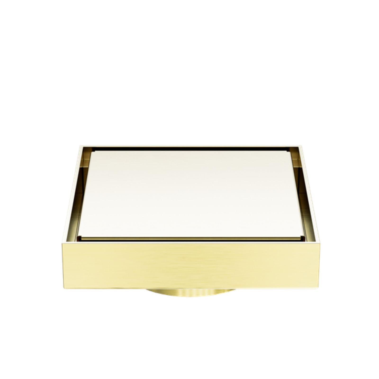 Nero square tile insert floor waste in brushed gold, front view with recessed insert and 80mm outlet.