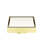 Nero square tile insert floor waste in brushed gold, front view with recessed insert and 80mm outlet.